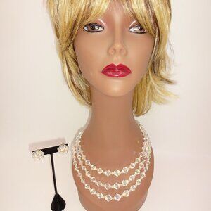 3 Pc Vintage Aurora Borealis Crystal Necklace & Clip On Earrings Set 3 Strands
